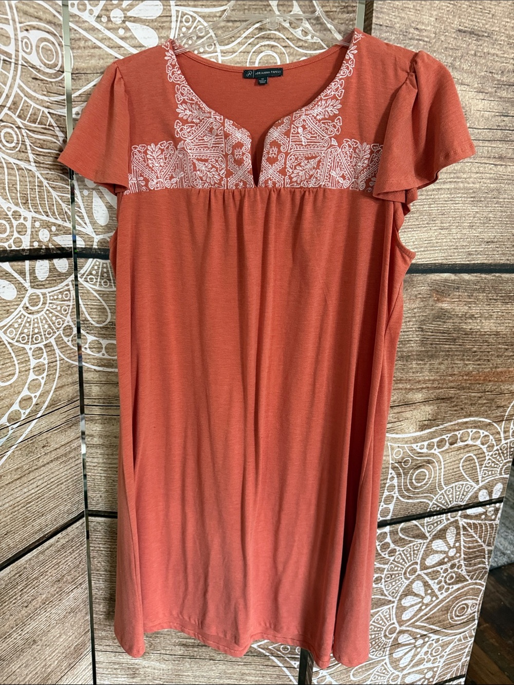 Adrianna Papell Rust Orange Embroidered Yoke Top